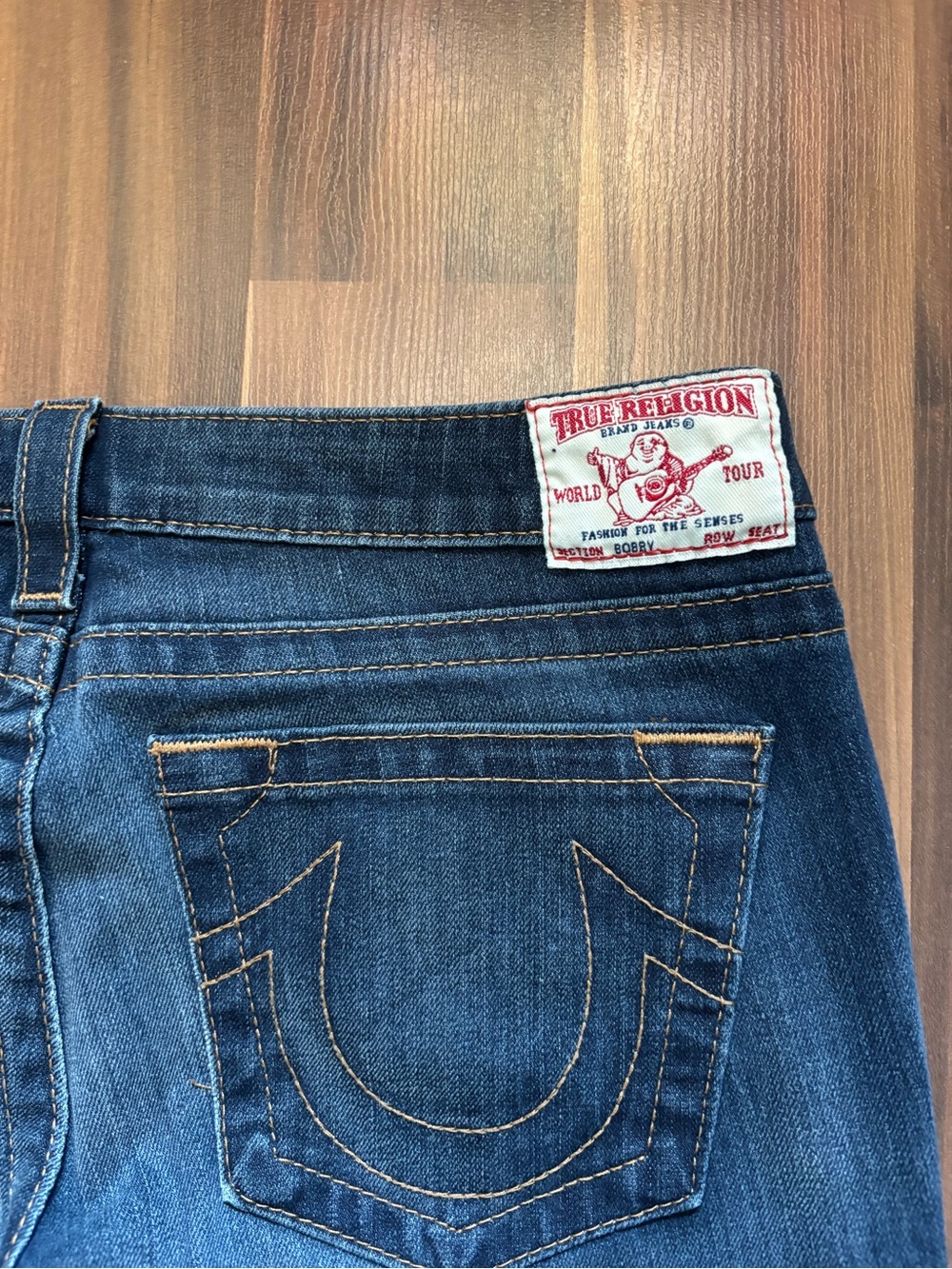 True Religion Women's Medium Blue Flare Jeans with Signature Pocket Stitching - Picture 7 of 8